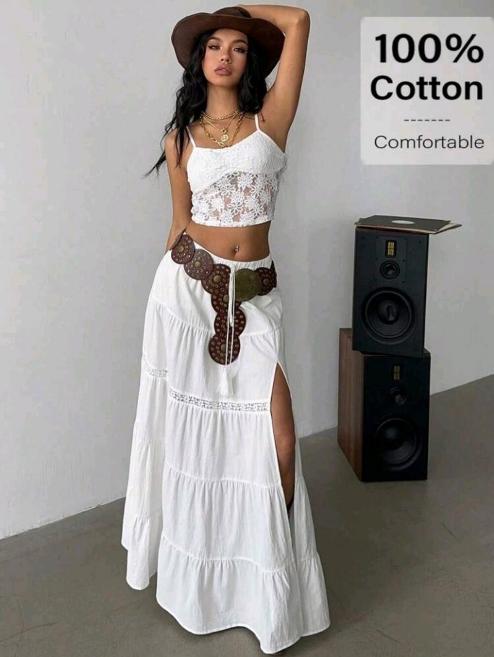 Boho White Summer Beach Skirt For Women,High-Slit Tiered Maxi Skirt